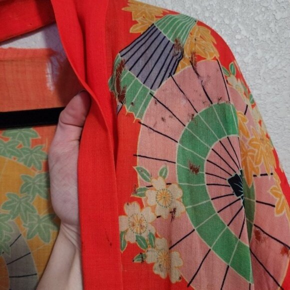 ANTIQUE 1930's‎ Japanese Kimono Yuzen Zome floral Wagasa print in red 30's - Picture 6 of 16